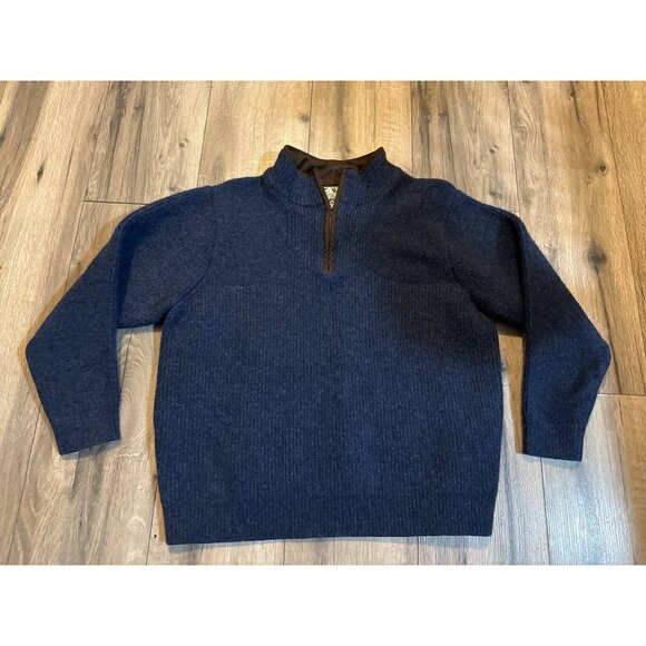 L.L. Bean Boys Wool Quarter-Zip Pullover Sweater Navy Blue Brown Trim  X Large S - Picture 1 of 6